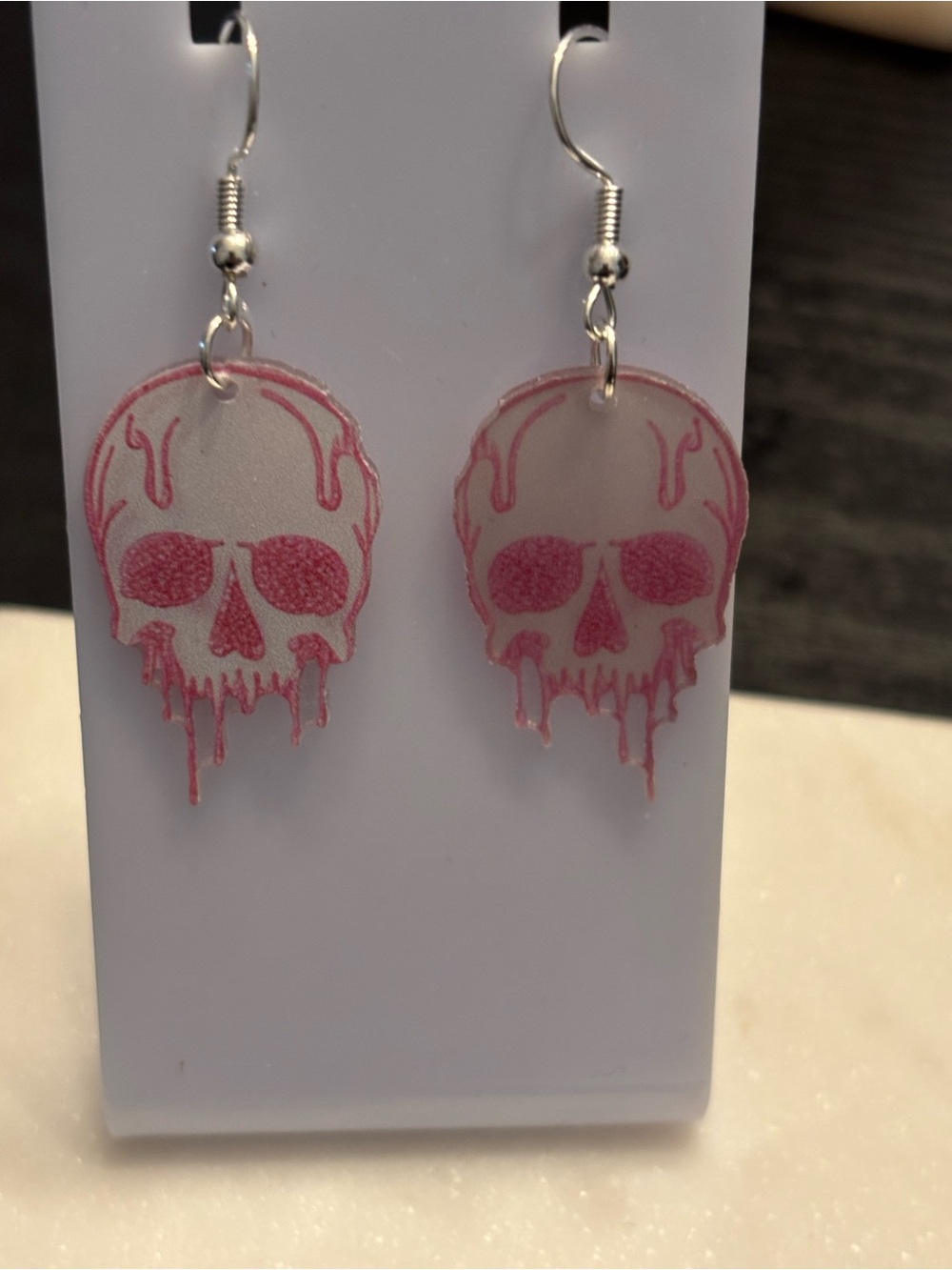Title: Melting Skull Acrylic Dangle Earrings | Dripping Skull Bright Pink Magent